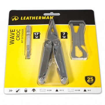 Leatherman Multitool WAVE, 17 Werkzeuge Edelstahlkorpus, Bithalter, CROC, Bit-Extender