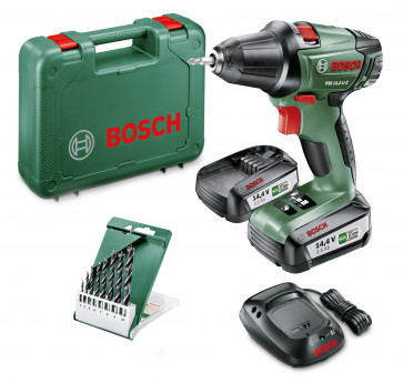 <ul>
<li>Bosch PSR 14,4 LI-2</li>
<li>2x 2,5Ah Akku</li>
<li>Ladegerät</li>
<li>8-tlg. Holzbohrer-Set</li>
<li>Koffer</li>
</ul>