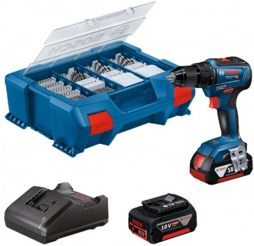 Bosch Akku-Bohrschrauber GSR 18V-55 2x 4,0Ah, Ladegerät, L-CASE mit 82-tlg. Zubehör (Bohrer + Bits)