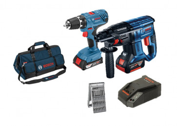 Bosch Set Akku-Bohrhammer GBH 18V-20 + Akkuschrauber GSR 18V-21, 2 Akkus, Ladegerät, Tasche