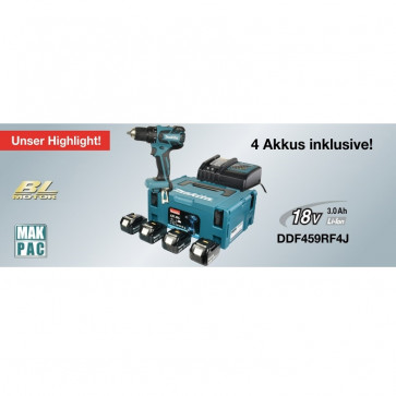 Makita Akku-Bohrschrauber DDF459RF4J mit 4 Akkus 18V 3,0 Ah, Ladegerät, MAKpac