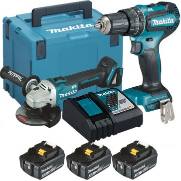 Makita Akku-Set DLX2334J bestehend aus DHP485, DGA504, 3 Akkus 3,0 Ah