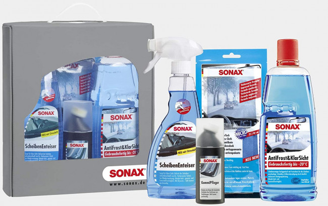 Sonax Winter Set 4-teilig - ScheibenEnteiser, AntiFrost & Klarsicht,  Gummipfleger, Tuch